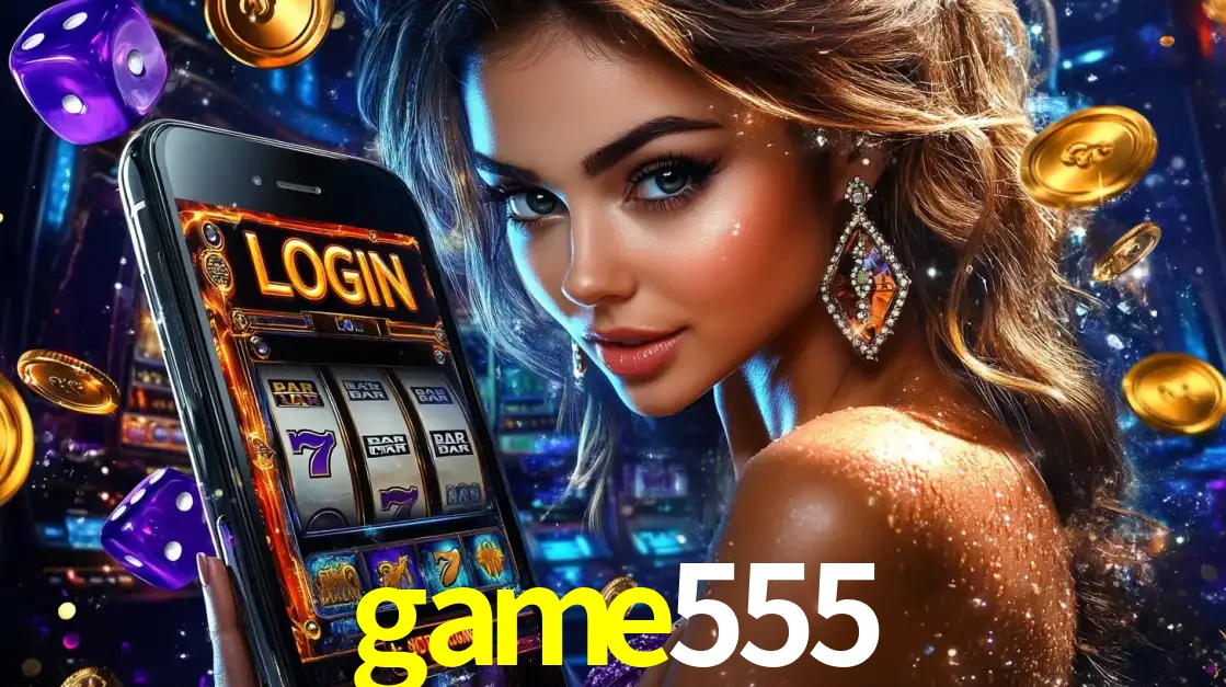 Mulher glamorosa segurando um smartphone com a tela de login para os jogos de caça-níqueis do cassino online game555, com moedas de ouro e dados ao redor.